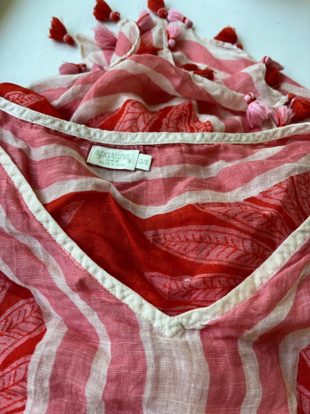 Spartina 449 Pink and Red Striped Tassel Swimsuit Cover Up